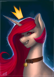 Size: 620x877 | Tagged: safe, artist:eosphorite, princess celestia, g4, crown, female, looking at you, necklace, portrait, sharp teeth, solo, werelestia