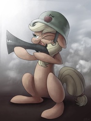 Size: 1536x2048 | Tagged: dead source, safe, artist:ibsn, applejack, earth pony, pony, how applejack won the war, g4, female, floppy ears, gun, helmet, one eye closed, solo, tongue out