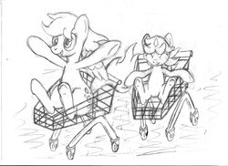 Size: 1000x727 | Tagged: safe, artist:tg-0, derpy hooves, dinky hooves, pony, g4, monochrome, shopping cart, silly, silly pony, sketch, supermarket