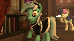 Size: 1024x576 | Tagged: safe, artist:vinuldash, bon bon, lyra heartstrings, sweetie drops, g4, 3d, awkward moment, book, bookshelf, clothes, maid, outfit, raised hoof, shadow, source filmmaker