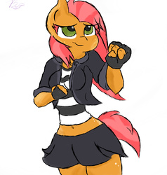 Size: 1900x2000 | Tagged: safe, artist:babsity, babs seed, anthro, g4, belly button, brooklyn babs, clothes, cute, female, fighting stance, gloves, jacket, long mane, midriff, older, skirt, smiling, solo, wip