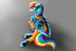 Size: 923x622 | Tagged: safe, artist:twilightmeep, rainbow dash, g4, blushing, bound wings, chains, clothes, embarrassed, female, hooves, prison outfit, prisoner rd, solo, underhoof