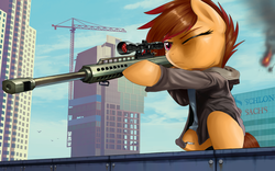 Size: 1920x1200 | Tagged: safe, artist:supermare, oc, oc only, earth pony, pony, barrett, clothes, crossover, female, franklin clinton, grand theft auto, gta v, gun, hoodie, mare, optical sight, rifle, sniper rifle, solo, weapon