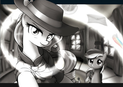 Size: 2400x1697 | Tagged: safe, artist:ryou14, rainbow dash, rarity, g4, rarity investigates, clothes, detective, duo, hat, looking at you, monochrome, neo noir, partial color