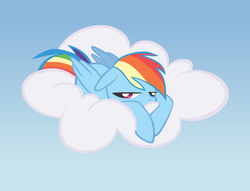 Size: 1045x800 | Tagged: safe, artist:lauren faust, rainbow dash, pegasus, pony, g4, leak, cloud, concept art, female, sleepy, solo