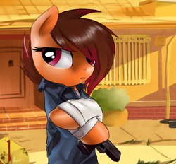 Size: 600x557 | Tagged: safe, artist:supermare, badass, badass adorable, bush, clothes, crossover, cute, door, franklin clinton, grand theft auto, gta v, gun, long sleeves, mailbox, pistol, potted plant, rule 63, solo, steps, weapon