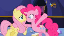Size: 1365x768 | Tagged: safe, screencap, fluttershy, pinkie pie, g4, party pooped, animated, boop, eye contact, female, hnnng, hug, loop, nose wrinkle, noseboop, nuzzling