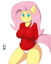 Size: 600x750 | Tagged: safe, artist:lavinianeasa, fluttershy, anthro, g4, arm behind back, blushing, breasts, busty fluttershy, clothes, female, looking at you, panties, smiling, solo, sweater, sweatershy, underwear, white underwear
