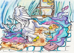 Size: 2000x1420 | Tagged: dead source, safe, artist:amber-wind, princess celestia, alicorn, pony, g4, blanket, cottagecore, female, hair over one eye, looking at you, lounging, pillow, prone, smiling, solo, spread wings, tea, teacup
