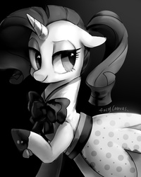 Size: 1200x1500 | Tagged: safe, artist:rocy canvas, rarity, g4, rarity investigates, alternate hairstyle, clothes, dress, female, floppy ears, looking back, monochrome, raised hoof, solo