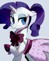 Size: 1200x1500 | Tagged: dead source, safe, artist:rocy canvas, rarity, pony, unicorn, g4, rarity investigates, alternate hairstyle, clothes, cute, dress, featured image, female, floppy ears, gray background, lidded eyes, looking back, mare, outfit, ponytail, raised hoof, raribetes, shoes, simple background, solo