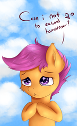 Size: 1494x2425 | Tagged: safe, artist:scarletcurl, scootaloo, g4, cute, female, hooves together, puppy dog eyes, solo