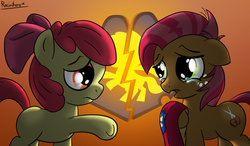 Size: 2268x1322 | Tagged: safe, artist:rainihorn, apple bloom, babs seed, g4, cape, clothes, cmc cape, crying, sad