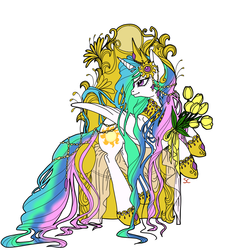 Size: 1220x1220 | Tagged: safe, artist:sourcherry, princess celestia, alicorn, pony, g4, alphonse mucha, bedroom eyes, female, flower, jewelry, long mane, long tail, looking back, mare, modern art, nouveau, raised leg, rearing, simple background, smiling, solo, tulip, turned head, white background, wings