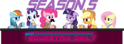 Size: 4167x1500 | Tagged: safe, artist:starbolt-81, applejack, fluttershy, pinkie pie, rainbow dash, rarity, twilight sparkle, equestria daily, g4, banner, clothes, mane six, moustache, reporter, simple background, table, transparent background, vector