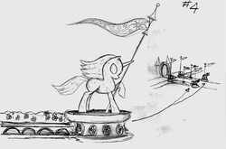 Size: 1166x769 | Tagged: safe, artist:rsorenson, leak, canterlot, concept art, flag, gate, monochrome, podium, statue