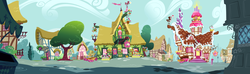 Size: 3640x1083 | Tagged: safe, g4, leak, building, concept art, flower shop, house, houses, no pony, panorama, ponyville, sugarcube corner, tree