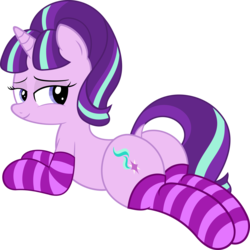 Size: 5993x6000 | Tagged: safe, artist:an-tonio, artist:slb94, starlight glimmer, pony, unicorn, g4, absurd resolution, bedroom eyes, butt, clothes, dock, female, looking at you, looking back, mare, plot, prone, raised tail, simple background, socks, solo, striped socks, transparent background