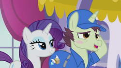 Size: 1366x768 | Tagged: safe, screencap, package deal, rarity, pony, unicorn, g4, rarity investigates, blushing, delivery pony, discovery family logo, duo, embarrassed, female, lidded eyes, male, mare, seduction, shy, stallion