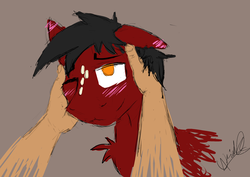 Size: 3035x2149 | Tagged: safe, artist:kassc, oc, oc only, oc:losian, earth pony, human, pony, :3, bedroom eyes, blushing, cute, ear blush, floppy ears, freckles, hand, high res, human on pony snuggling, looking at you, male, maroon, petting, smiling, snuggling, stallion, wink