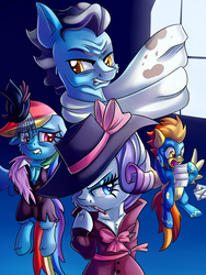 Size: 3000x4000 | Tagged: safe, artist:discorded, rainbow dash, rarity, spitfire, wind rider, pegasus, pony, unicorn, g4, rarity investigates, bowtie, candy, candy cane, clothes, detective, detective rarity, hat, letter, open mouth, rainbow dash always dresses in style, scarf, wonderbolts uniform
