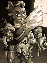 Size: 3000x4000 | Tagged: safe, artist:discorded, rainbow dash, rarity, spitfire, wind rider, g4, rarity investigates, candy, candy cane, clothes, detective, detective rarity, grayscale, hat, letter, monochrome, noir, scarf, wonderbolts uniform