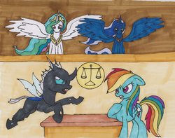 Size: 2212x1741 | Tagged: safe, artist:shikogo, princess celestia, princess luna, rainbow dash, changeling, g4, courtroom, floppy ears, frown, glare, gritted teeth, open mouth, pointing, spread wings, traditional art