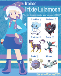 Size: 800x1000 | Tagged: safe, artist:caramelcookie, trixie, cubchoo, human, koffing, liepard, magnemite, sneasel, zorua, g4, female, humanized, parody, pokémon, solo