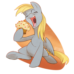 Size: 850x850 | Tagged: safe, artist:seanica, derpy hooves, pegasus, pony, g4, eyes closed, female, mare, muffin, open mouth, sitting, solo, that pony sure does love muffins