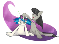 Size: 903x668 | Tagged: safe, artist:seanica, dj pon-3, octavia melody, vinyl scratch, g4, eyes closed, gritted teeth, noogie, sitting