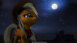 Size: 1024x576 | Tagged: safe, artist:princeoracle, applejack, earth pony, pony, g4, 3d, bandana, female, freckles, mare, moon, night, solo, source filmmaker, stars