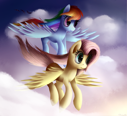 Size: 1024x936 | Tagged: safe, artist:camyllea, fluttershy, rainbow dash, g4, cloud, cloudy, flying