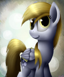 Size: 2000x2400 | Tagged: dead source, safe, artist:camyllea, derpy hooves, pegasus, pony, g4, female, high res, letter, mare, smiling, solo