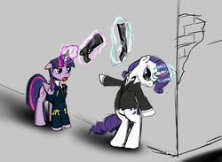 Size: 1451x1062 | Tagged: safe, artist:spacehunt, rarity, twilight sparkle, alicorn, pony, g4, dominator, female, gun, mare, psycho pass, twilight sparkle (alicorn)