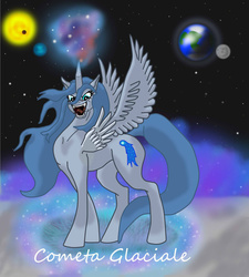 Size: 900x1000 | Tagged: safe, artist:silverfangwrathwolf1, oc, oc only, oc:cometa glaciale, alicorn, pony, alicorn oc, four wings, multiple wings, solo, space, wings