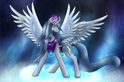 Size: 1024x681 | Tagged: safe, artist:silverfangwrathwolf1, oc, oc only, oc:cometa glaciale, alicorn, pony, alicorn oc, four wings, horn, multiple wings, solo, spread wings, wings