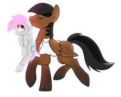 Size: 1280x1023 | Tagged: safe, artist:moon petals, oc, oc only, oc:dave, oc:moon petals, pegasus, pony, unicorn, carrying, pet play, scruff, size difference