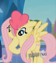 Size: 506x573 | Tagged: safe, screencap, fluttershy, pinkie pie, g4, the crystal empire, clothes, female, fluttershy suit, masking, pony costume, solo
