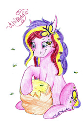 Size: 1340x1948 | Tagged: safe, artist:animagicworld, fluttershy (g3), bee, g3, beehive, honey, this will end in pain, traditional art