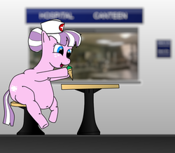 Size: 813x710 | Tagged: safe, artist:fatponysketches, nurse sweetheart, earth pony, pony, g4, canteen, fat, female, food, hospital, ice cream, ice cream cone, mare, solo, stool, table, tongue out