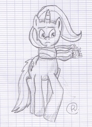 Size: 1096x1508 | Tagged: safe, artist:themadrenan, trixie, pony, unicorn, g4, clothes, female, lined paper, mare, monochrome, scarf, solo, traditional art