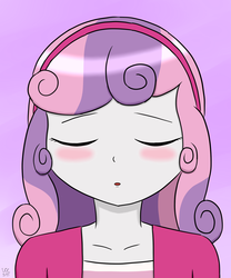 Size: 1500x1800 | Tagged: safe, artist:vanilla-cherry-cream, sweetie belle, equestria girls, g4, blushing, clothes, eyes closed, female, hair, hairband, jacket, kissing, o mouth, solo, tank top