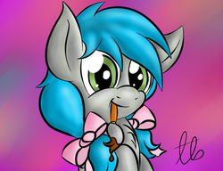 Size: 552x425 | Tagged: safe, artist:laptopbrony, oc, oc only, oc:darcy sinclair, pegasus, pony, :t, bow, chest fluff, cute, female, gradient background, hair bow, looking at you, mare, mouth hold, paintbrush, pigtails, smiling, solo