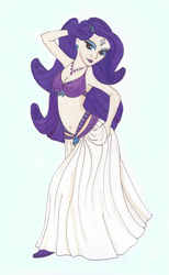 Size: 600x976 | Tagged: safe, artist:musicalfan2021, artist:zellykat, rarity, human, g4, belly button, belly dancer, belly dancer outfit, blue background, breasts, cleavage, female, humanized, jewelry, looking at you, midriff, necklace, piercing, simple background, solo