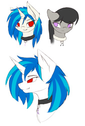 Size: 1364x2012 | Tagged: safe, artist:capseys, dj pon-3, octavia melody, vinyl scratch, g4, collar