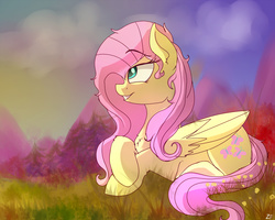 Size: 1800x1440 | Tagged: safe, artist:zaphyray, fluttershy, pegasus, pony, g4, chest fluff, crossed hooves, cute, female, fluffy, lying down, shyabetes, smiling, solo