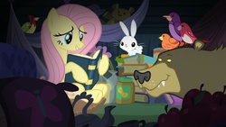Size: 1920x1080 | Tagged: safe, screencap, angel bunny, constance, fluttershy, harry, bear, bird, pony, rabbit, g4, scare master, animal, book, female, food, hiding, mare, peanut butter, tent