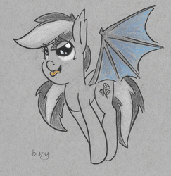 Size: 3000x3084 | Tagged: safe, artist:flowbish, oc, oc only, oc:daturea eventide, bat pony, pony, high res, jumping, solo, tongue out, traditional art