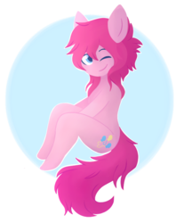 Size: 611x737 | Tagged: safe, artist:aniowo, pinkie pie, anthro, g4, alternate hairstyle, ambiguous facial structure, female, solo, wink