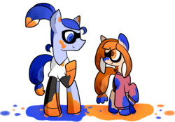 Size: 3328x2312 | Tagged: safe, artist:php54, earth pony, inkling, original species, pony, squidpony, blue (inkling), clothes, crossover, cute, duo, female, high res, ink, inkling boy, inkling girl, looking at each other, looking at someone, male, orange (inkling), ponified, shirt, simple background, splatoon, sweater, transparent background, wingding eyes